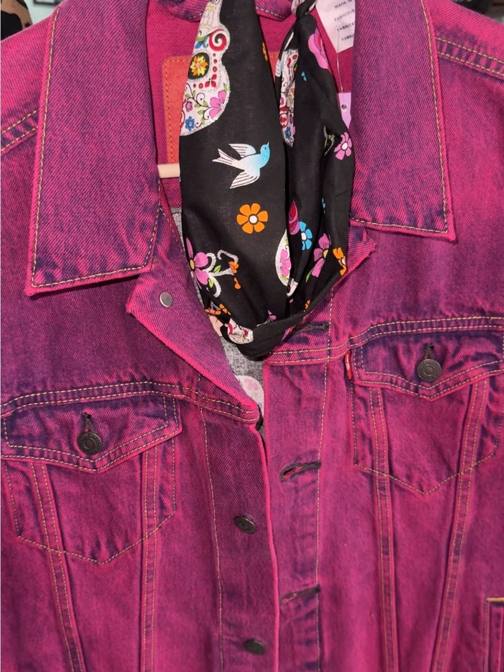 Levi's Pink Magenta Denim Jean Jacket and headband with sugar skulls